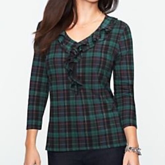 TALBOTS Petites Tartan Ruffled Top Green Black Plaid Ruffle 3/4 Sleeve PETITE M - Picture 1 of 11
